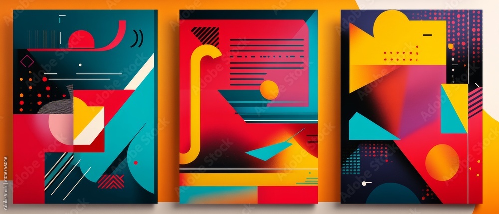 Poster three colorful posters with abstract shapes and patterns