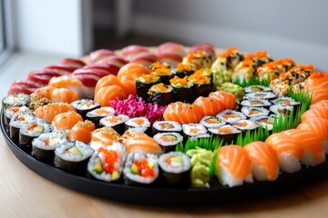 Large sushi platter with salmon and tuna on a table
