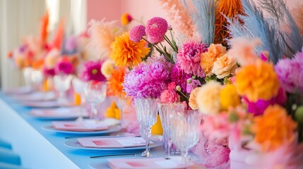 Stunning custom wedding table setup featuring a vibrant floral arrangement modern decor pieces and playful accents for a joyful and elegant event