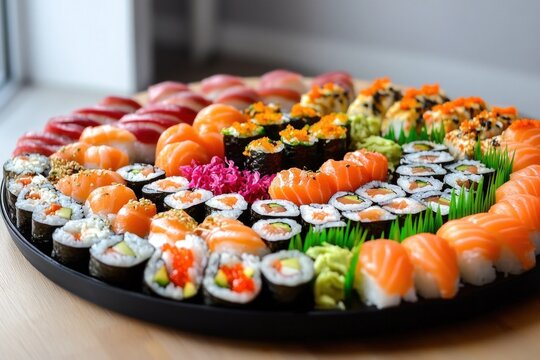 Large sushi platter with salmon and tuna on a table