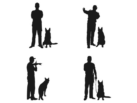 male police officer with dog silhouettes. Policeman standing among two police dogs black silhouettes. Trained aggressive dog silhouette vector set. Policeman Silhouette on white background. 