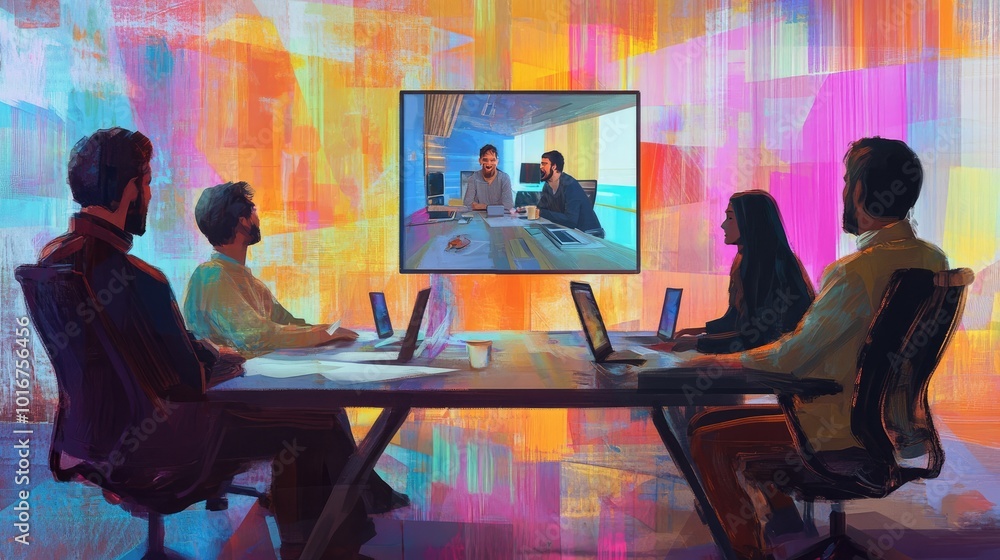 Aufkleber an amusing digital artwork of a split-screen zoom meeting: a chaotic host on one side and three unin