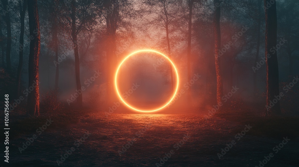 Poster a glowing circular portal in a misty forest, creating a mystical atmosphere.