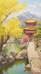 Fototapeta premium Landscape temple architecture vegetation.