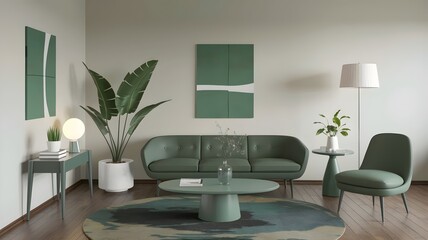 Minimalistic living room with green decor and hardwood floor