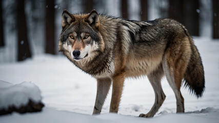 Fototapeta premium Majestic wolf in snowy forest with focused gaze on serene winter day under falling snowflakes.