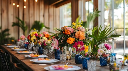 A modern and colorful wedding with a vibrant backdrop playful floral designs and a fun filled atmosphere creating a joyful event full of elegance and sophistication
