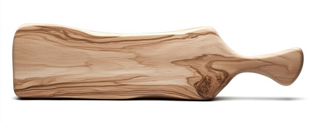 Stylish wooden cutting board with unique grain and engraving, white isolate background.