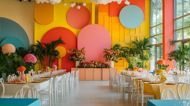 Joyful and Vibrant with Playful Designs and Modern Ambiance A colorful wedding event featuring a vibrant backdrop playful decor elements and a fun filled contemporary atmosphere