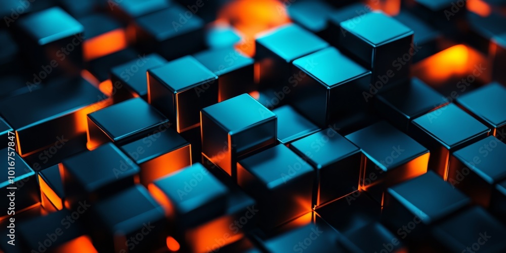 Poster this abstract representation illustrates a digital landscape of glowing cubes in a dynamic cyberspac