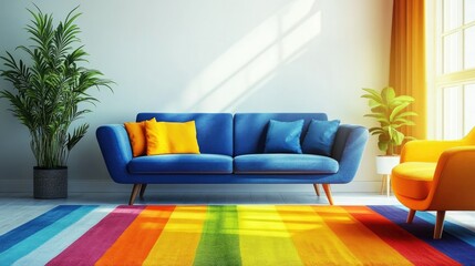 Bright and modern living room interior with a blue sofa, vivid armchairs, rainbow rug, and green plants, reflecting Scandinavian mid-century style.