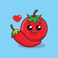 Cute Tomato and Chili Pepper Cartoon Love Vector Icon Illustration.