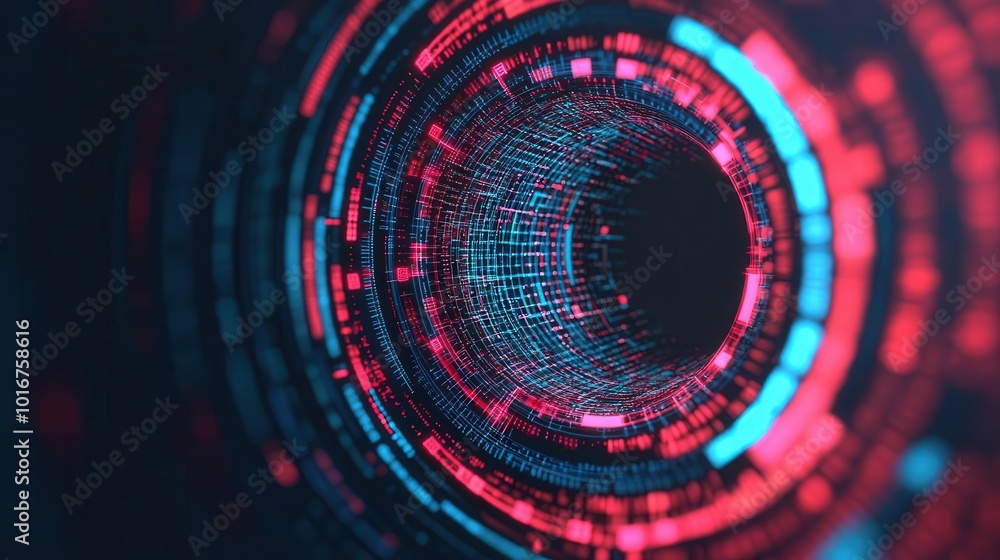 Poster futuristic digital tunnel with vibrant red and blue lights, showcasing a mesmerizing data flow and a