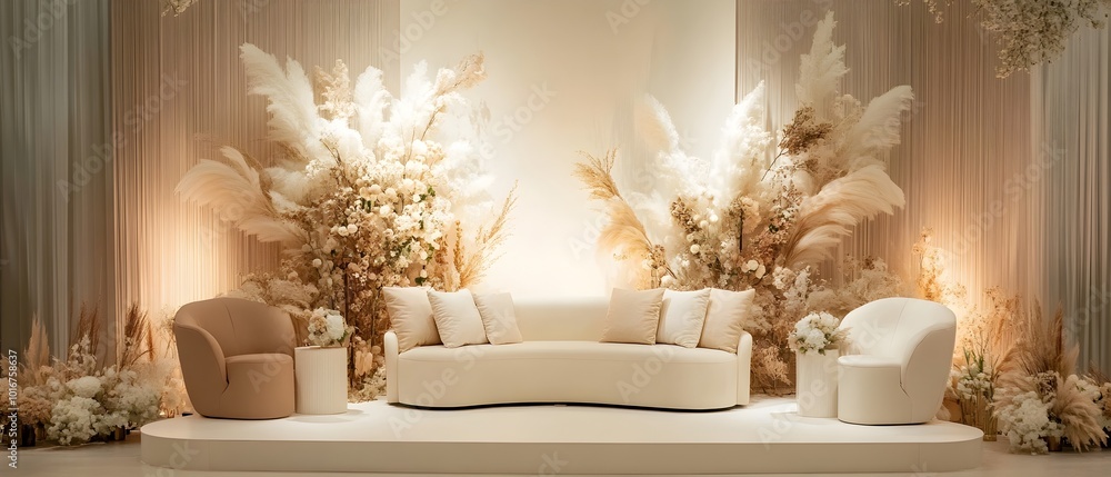 Poster chic and cohesive monochromatic event backdrop with elegant floral arrangements geometric patterns a