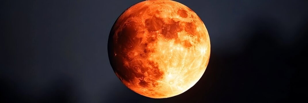  A tight shot of an intense orange moon against the backdrop of the dark night sky, speckled with scant clouds in the foreground