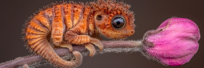 A small animal perched on a branch, with a flower in sharp focus in the foreground against a dark backdrop