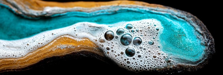  A tight shot of an artpiece depicting a wave of water, adorned with bubbles