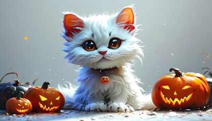 Cute White Kitten with Halloween Pumpkins