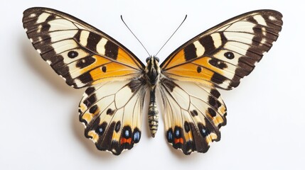 Fototapeta premium Vibrant butterfly with detailed orange and black patterns on white background, showcasing the beauty of nature's intricate design.