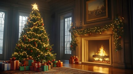 Decorated Christmas Tree in a Cozy Living Room with a Fireplace