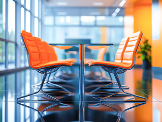 A table with four orange chairs around it