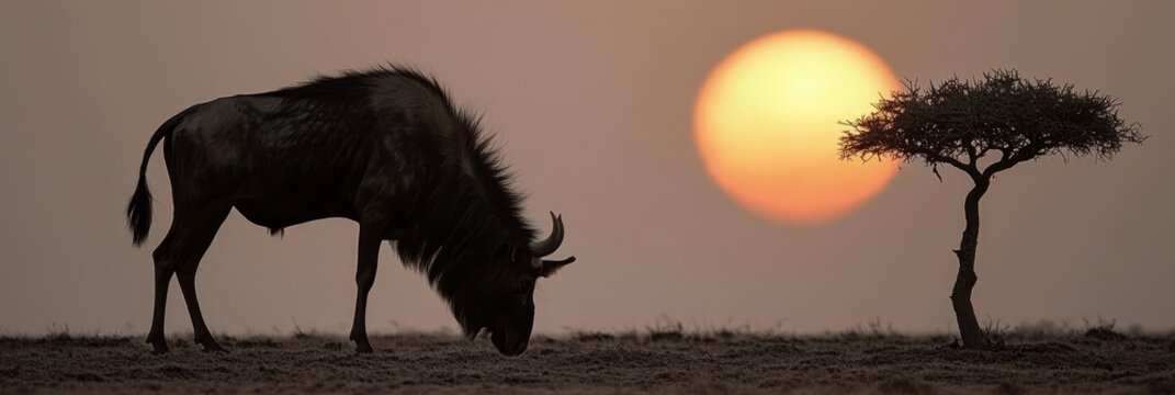  A wildebeest grazes before the setting sun in Serengeti Game Reserve, South Africa