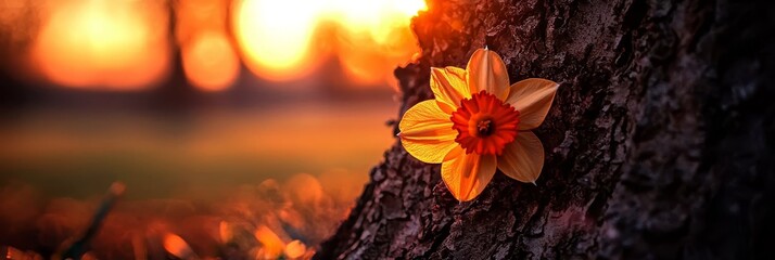  A tight shot of a bloom against tree bark in a grassy expanse, sunlight casting behind