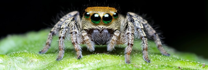  A close-up of a jumping spider on a green leaf, with dewdrops on its eyes