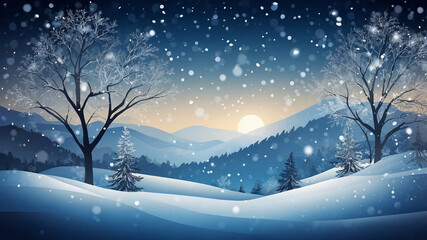 Winter scene with snow-covered landscape and snowflakes falling gently under a deep blue night sky.