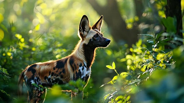 African wild dog standing alert amidst sunlit forest surroundings