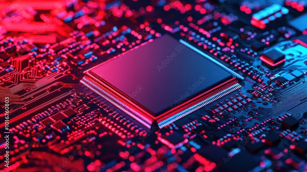 Poster a close-up of a vibrant circuit board showcasing a microchip surrounded by glowing electronic compon