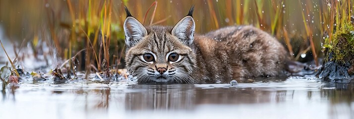  A tight shot of a feline in water, surrounded by grass, and adorned with water droplets on the ground