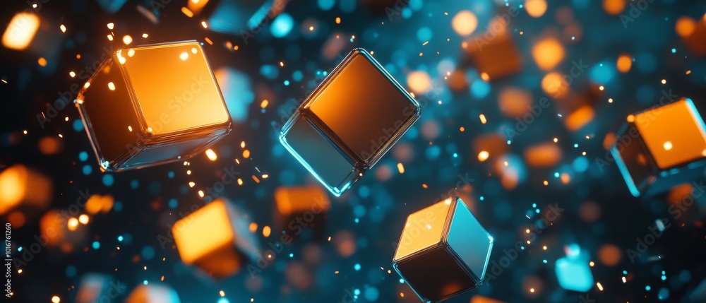 Poster a computer generated image of a bunch of cubes in the air