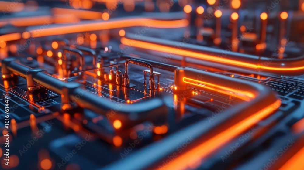 Poster a close-up view of a futuristic circuit board with glowing orange lines and intricate details convey