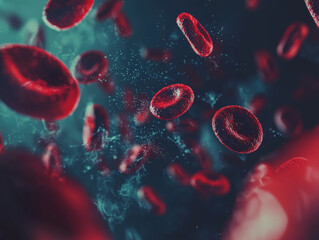Vibrant image of blood cells flowing in dynamic environment, showcasing their intricate structure and movement. scene evokes sense of life and vitality