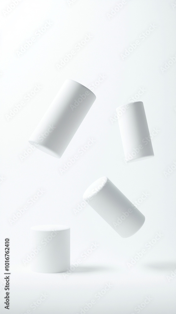 Aufkleber Minimalistic floating 3D white cylinders in serene space create sense of calm and modernity. simplicity enhances visual appeal and elegance. Vertical 4K smartphone wallpaper