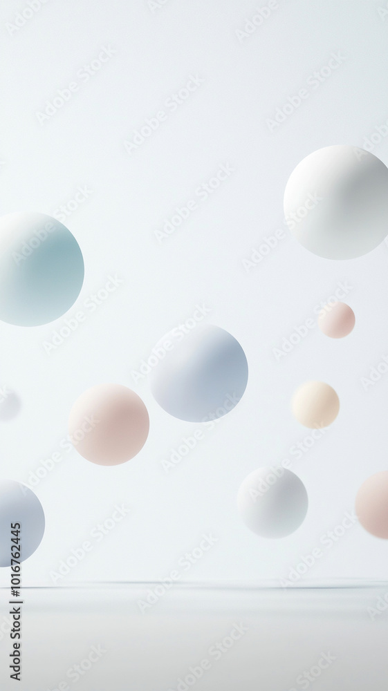 Poster Floating 3D spheres in soft pastel colors create serene and minimalistic atmosphere against neutral background, evoking sense of calm and tranquility. Vertical 4K smartphone wallpaper