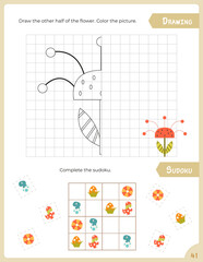 Cute dinosaur Activity Pages for Kids. Printable Activity Sheet with dinosaurs Mini Games – draw the other half, Sudoku. Vector illustration.