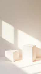 Minimal 3D structures casting soft shadows on light surface create serene atmosphere. interplay of light and shadow enhances simplicity and elegance. Vertical 4K smartphone wallpaper