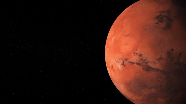 the red planet mars on the left side of the screen in deep space