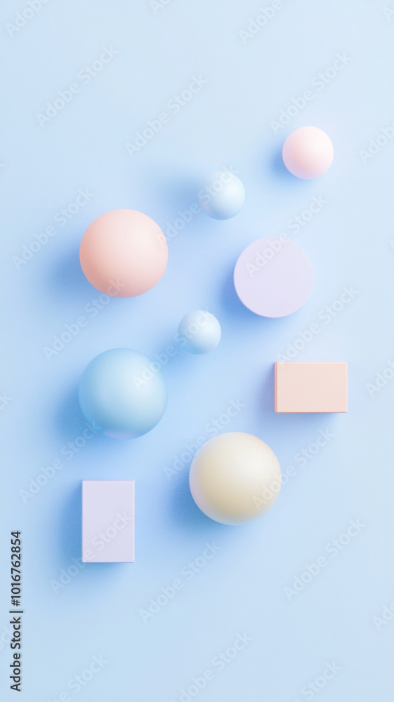 Poster Soft pastel geometric shapes arranged symmetrically on light blue background create calming and modern aesthetic. Vertical 4K smartphone wallpaper