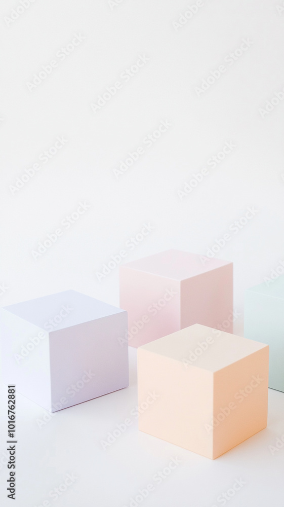 Poster Soft pastel colored 3D blocks arranged on white background create serene and minimalistic aesthetic, perfect for modern design concepts. Vertical 4K smartphone wallpaper