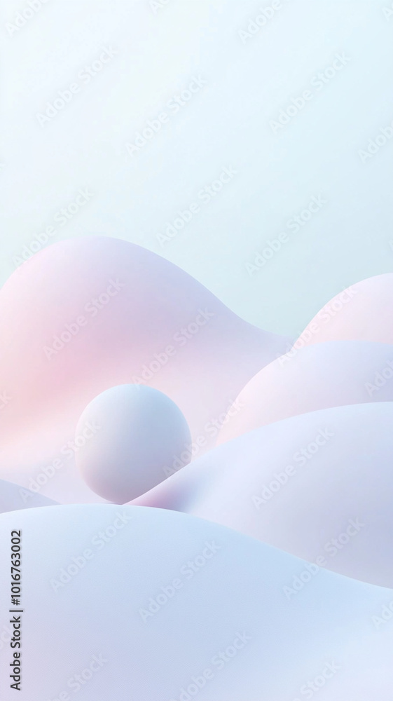 Poster Soft pastel gradient with minimal 3D elements creates serene and calming atmosphere, perfect for modern design projects. Vertical 4K smartphone wallpaper