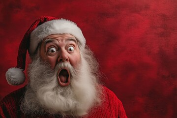A cheerful Santa Claus shows an animated expression with wide eyes and an open mouth, reflecting pure joy as he prepares for Christmas festivities.