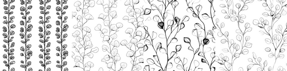 A seamless pattern filled with branch outlines and hand-drawn decorative elements. A modern illustration.