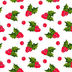 Seamless pattern Christmas holly on background. Festive plant with red berries. Vector isolated element
