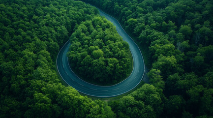 Aerial view of an asphalt road through an green forest, lush trees. AI generation.