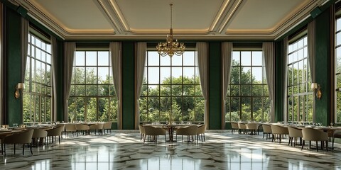 Fototapeta premium futuristic dark green and ivory restaurant with large windows, peaked and high ceiling and aesthetic classic chandelier 