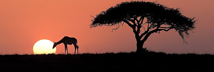  A giraffe by a tree as the sun sets behind
