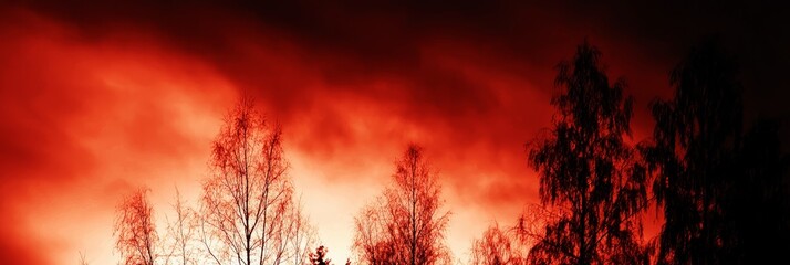 Obraz premium A red sky with trees in the foreground and clouds in the background